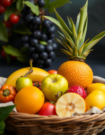 Fresh fruits in a basket on a dark background. Healthy food concept.の写真素材