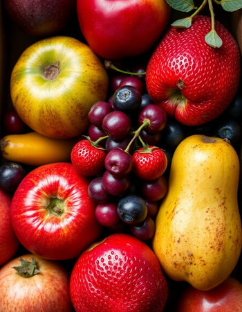 Variety of fresh fruits and vegetables as a background, top viewの写真素材