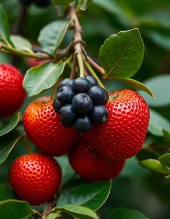 Strawberries on a branch in the garden. Shallow depth of fieldの写真素材
