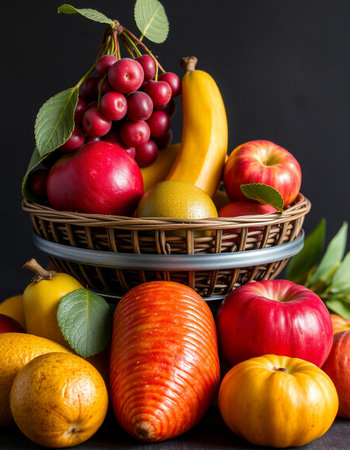 Fruits and vegetables in a basket on a black background. Healthy food.の写真素材