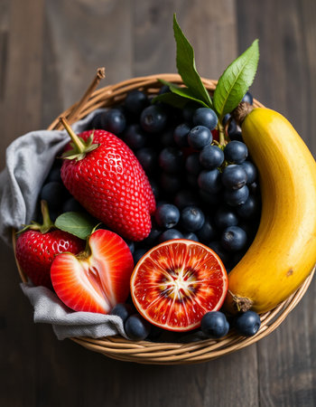 Fresh fruits in a basket on wooden background. Healthy food concept.の写真素材