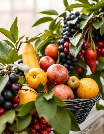Variety of fruits and berries in a basket on the table.