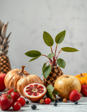 Autumn still life with fruits and vegetables on a light background.の写真素材