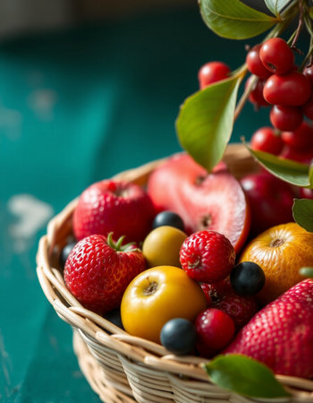 Variety of berries in a wicker basket on a wooden tableの写真素材