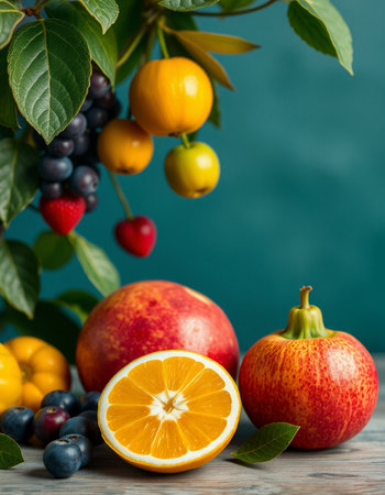 Fruits and berries on a wooden table. Selective focus.の写真素材
