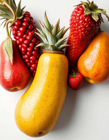 Fresh fruits on white background. Healthy food concept. Top view.の写真素材