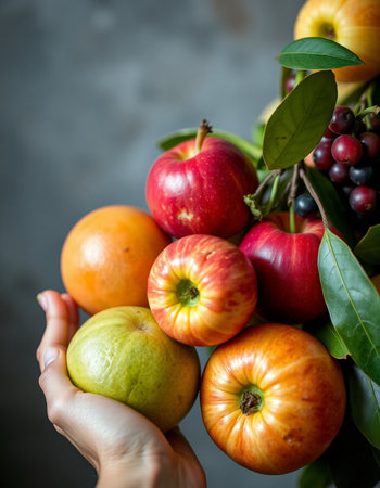 Fruit bouquet in woman's hand on dark background, selective focusの写真素材