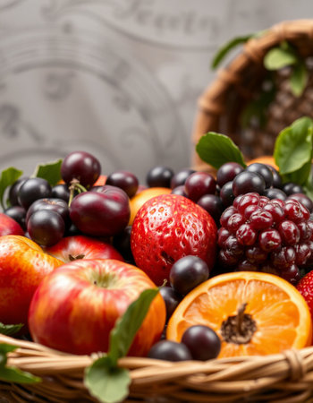 Fruits and berries in a wicker basket, selective focus.の写真素材