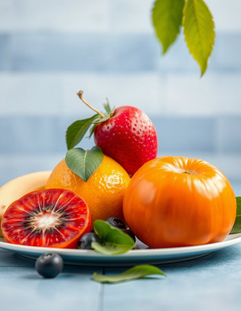Fruits on a plate on a blue background. Selective focus.の写真素材