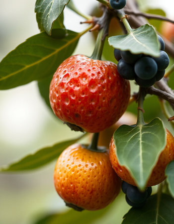 Close-up of ripe strawberries on a tree branch in the garden