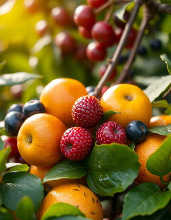 Variety of fresh fruits on the tree in the summer garden.
