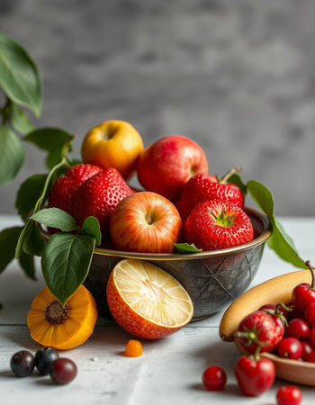 Fruits in a bowl on a white wooden table, selective focus