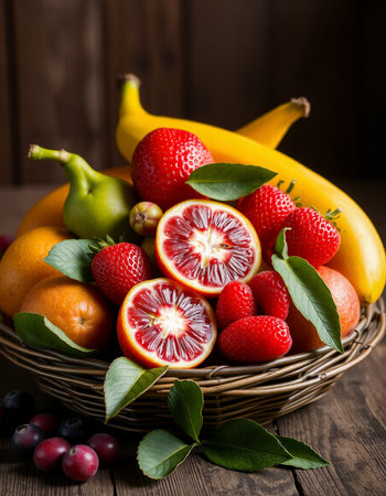 Fresh fruits in a basket on a wooden background. Selective focus.の写真素材