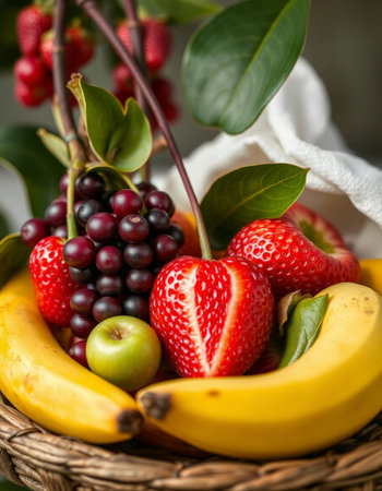 Fruit basket with strawberries, bananas, cherries, grapes and apples