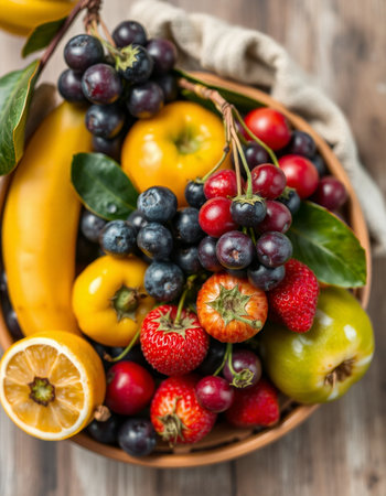 Fresh fruits and berries in a basket on a wooden background. Selective focus.の写真素材