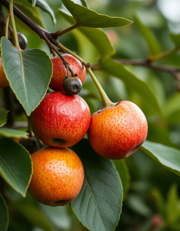 Ripe red apples on the branches of a tree in the gardenの写真素材