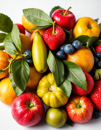 Variety of fresh fruits and berries on white background. Top view.