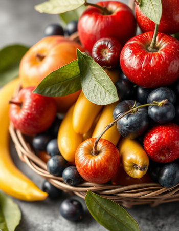 Fresh fruits and berries in a wicker basket on a concrete backgroundの写真素材