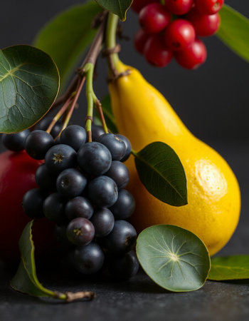 Fruits and berries on a black background. Healthy food concept.の写真素材
