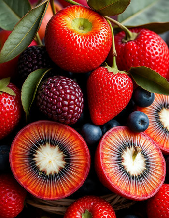 Fruits and berries in a basket, close-up, squareの写真素材