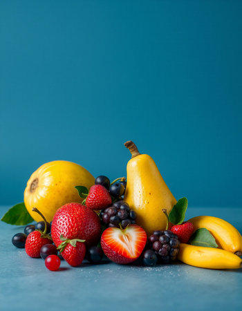 Fruits and berries on a blue background. Selective focus.の写真素材