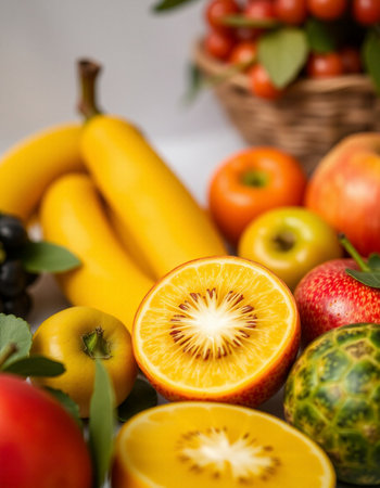 Fresh fruits and vegetables on a light background. Healthy food concept.