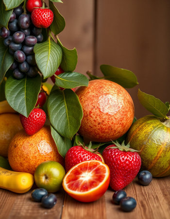 Fruits on a wooden table. Healthy food. Fruit background.の写真素材