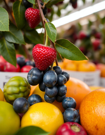 Fruits and berries on a market stall in Paris, France.の写真素材