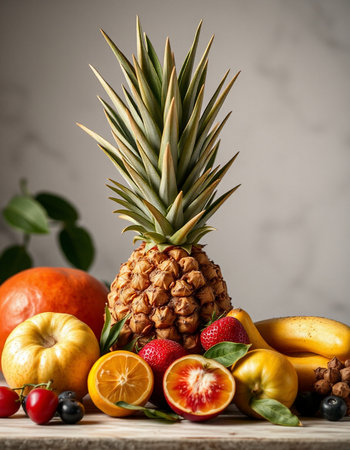 Pineapple and different fruits on wooden table, selective focus.の写真素材