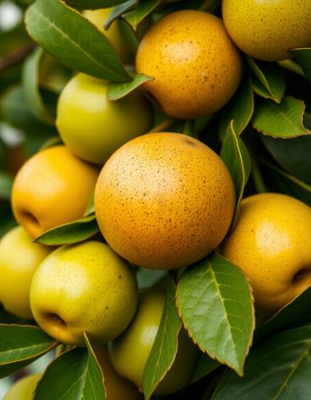 Yellow pears on a tree branch with green leaves, close upの写真素材