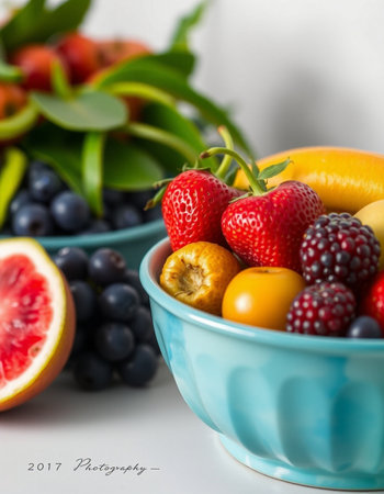 Healthy fruits and berries in a bowl, closeup, selective focusの写真素材