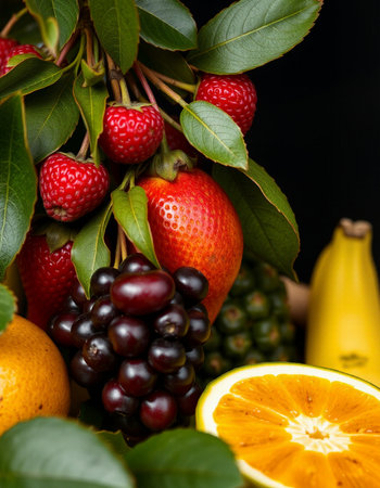 Fruit arrangement on a black background.の写真素材