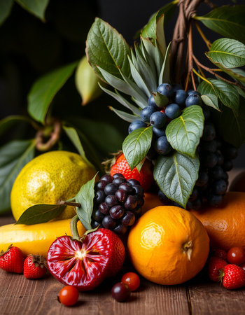 Variety of fresh fruits and berries on wooden table. Selective focus.の写真素材