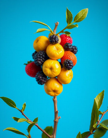 Colorful fruits on a blue background. Ripe berries on a blue background.の写真素材