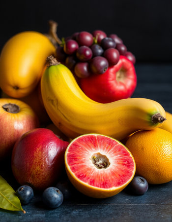 Fresh fruits and berries on dark background, close up, selective focusの写真素材