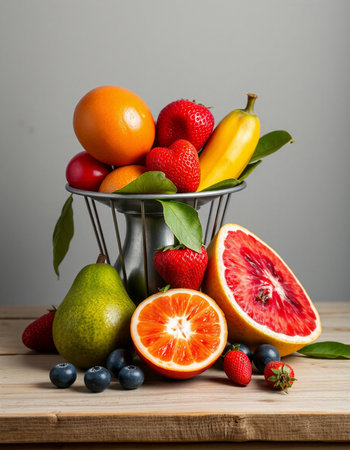 Fruits in a metal basket on a wooden table.の写真素材