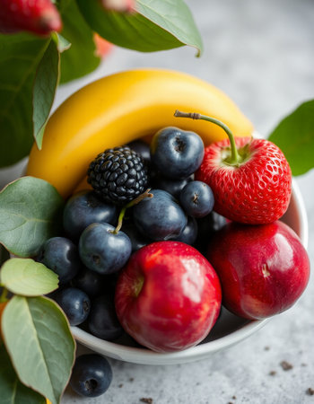 Mix of fresh fruits and berries in a bowl, selective focus.の写真素材
