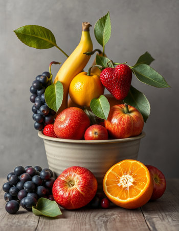 Fresh fruits in a bowl on a wooden table, selective focus.の写真素材