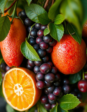 Fresh fruits in a basket on a wooden table. Close up.の写真素材