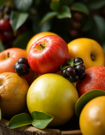 Variety of fruit including apples, pears, grapes and orangesの写真素材