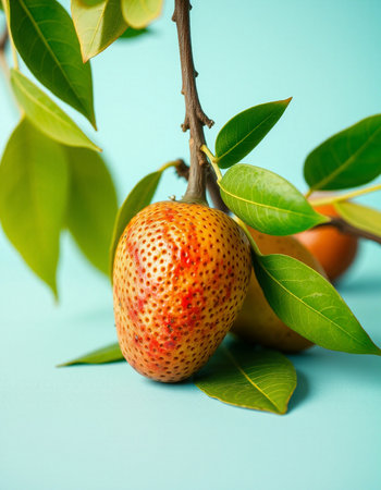 Fruit on a branch with leaves on a turquoise backgroundの写真素材