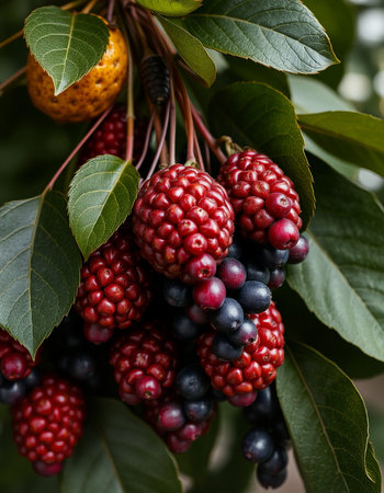 Close up of black and red berries on a branch with green leavesの写真素材