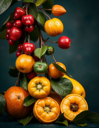 Fruits and vegetables in a bouquet on a dark background.の写真素材