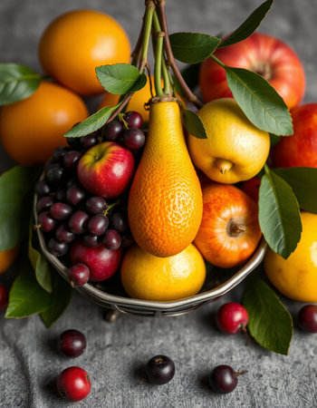 Fruits and berries in a metal bowl on a wooden background.の写真素材