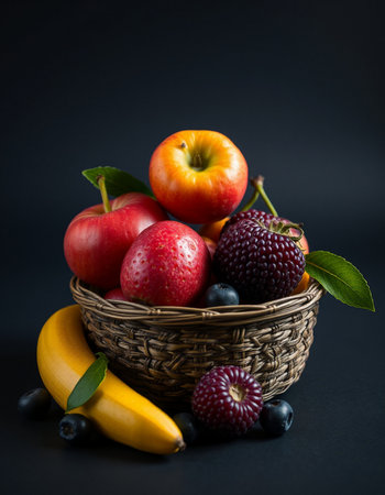 Fresh fruits in a basket on a black background. Healthy food.の写真素材
