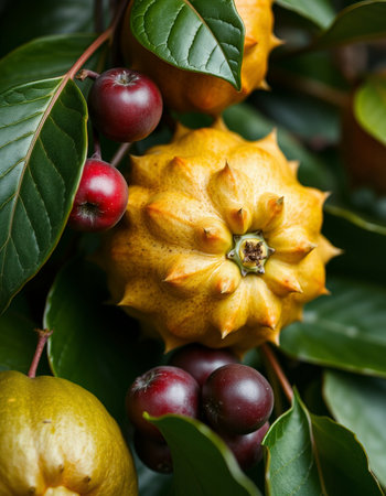 Close up of quince fruit with leaves and fruits on blurred backgroundの写真素材