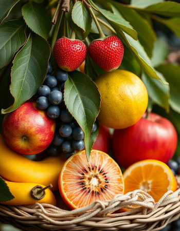 Variety of fresh fruits in a basket. Healthy eating concept.の写真素材