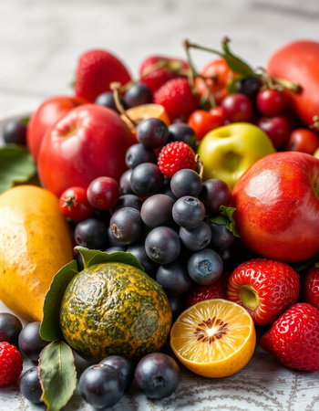 Assortment of fresh fruits and berries on wooden table, selective focusの写真素材
