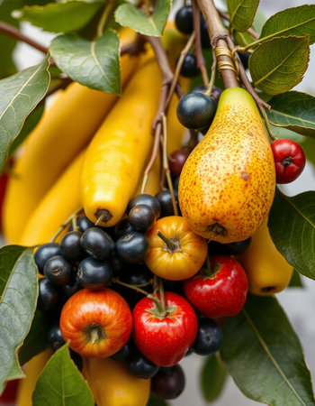 Fruits and berries on the branches of a tree, close-upの写真素材
