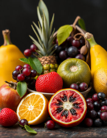 Fresh fruits in basket on wooden table. Healthy food concept. Selective focusの写真素材